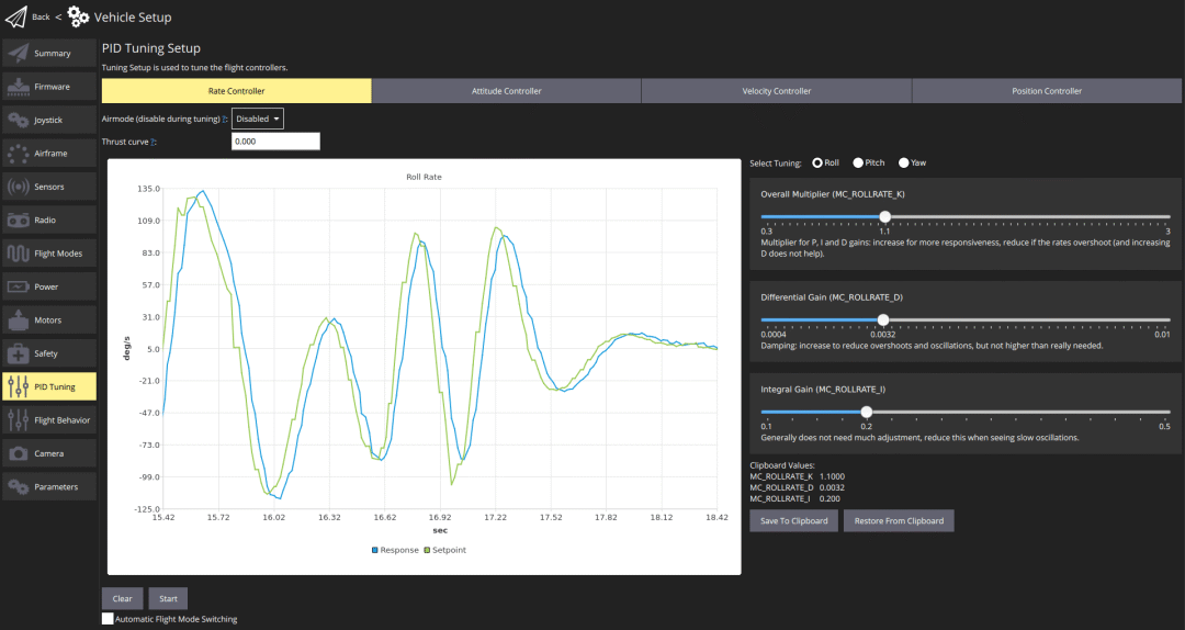 QGroundControl Rate Controller Tuning Interface
