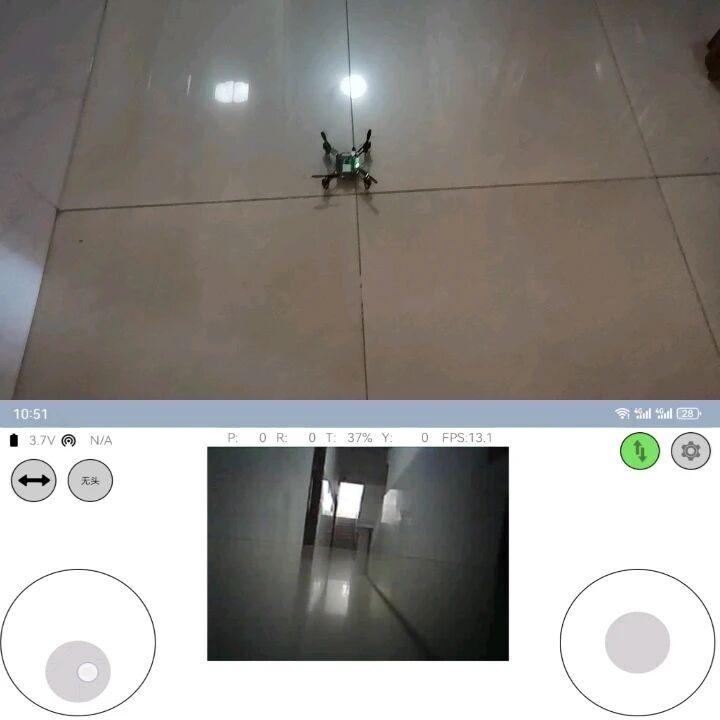 Micro drone outdoors alongside a phone app showing the video feed and telemetry