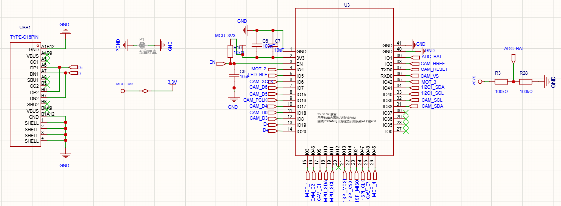 Schematic excerpt of the ESP32-S3 USB Type-C and camera pin connections