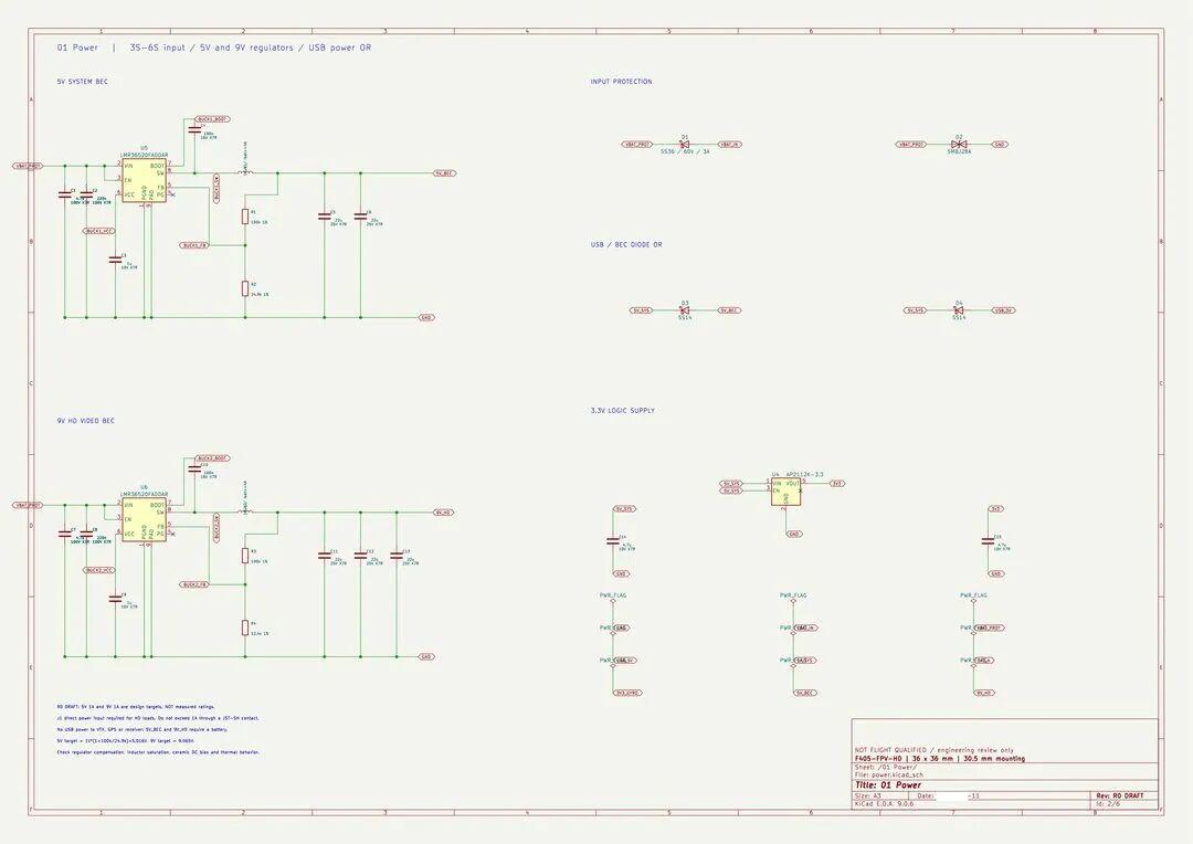 Power schematic page showing input protection and dual buck regulators