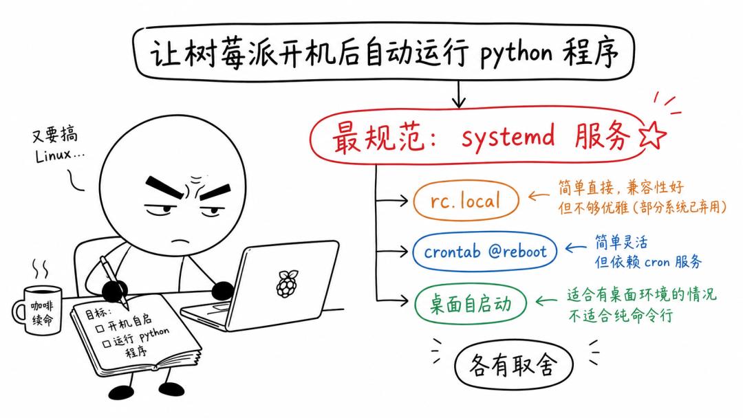 Options for auto-starting a Python program at boot including systemd
