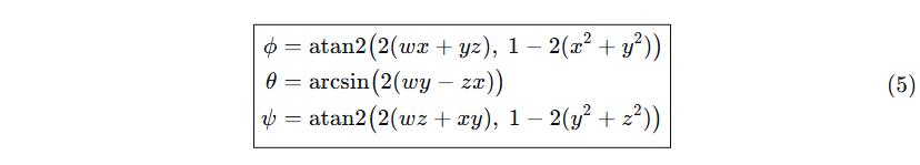 Quaternion to Euler angle conversion equations for roll, pitch and yaw