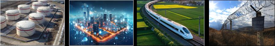 Strip of four application photos covering oil storage tanks, a container port, a railway and a solar farm