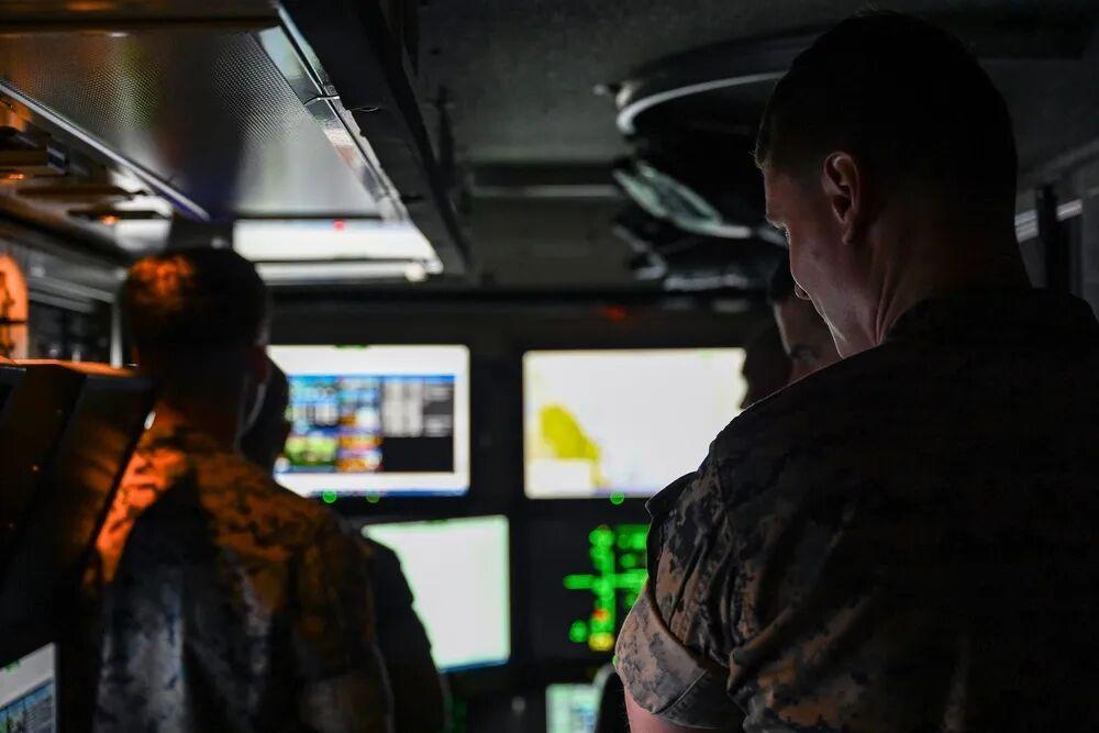 MQ-9 Reaper ground control station interior for human-swarm teaming mission management