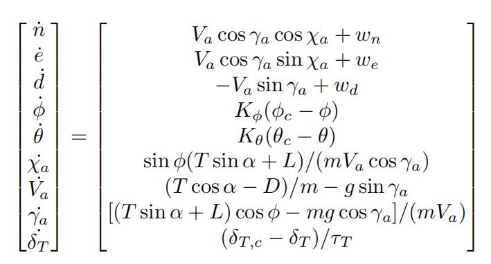 Control-augmented aircraft dynamics model written as a state equation with roll, pitch, airspeed and flight path angle terms