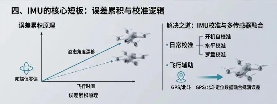 Diagram of gyro bias accumulation causing attitude drift, with hardware calibration and GPS fusion as the two fixes