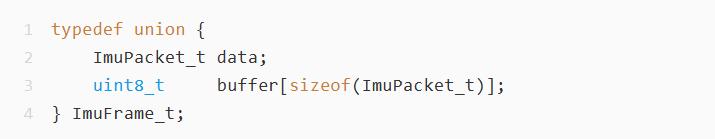 C union definition aliasing an IMU packet struct with a byte buffer for zero-copy serialisation