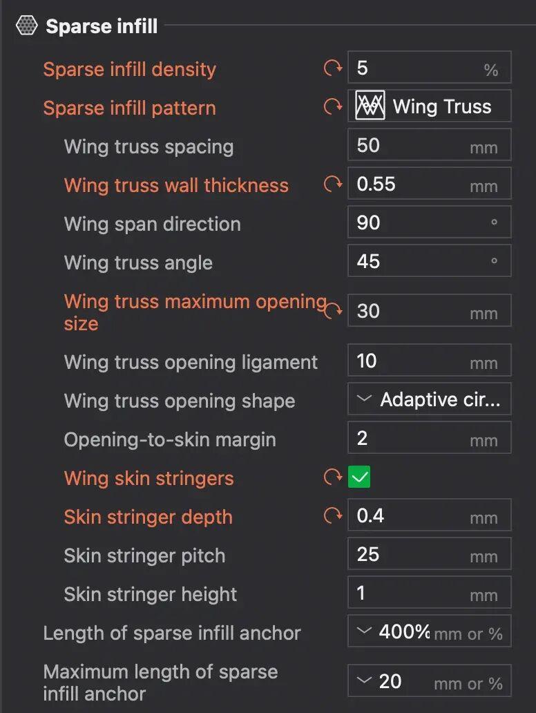 WingTruss slicer sliders for rib spacing, letting builders change wing infill without redrawing CAD