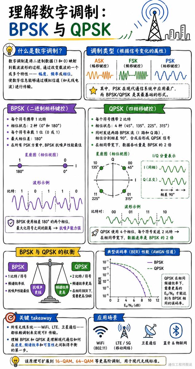 BPSK vs QPSK compared: constellation diagrams, phase states and bit-to-waveform examples for 1 and 2 bits per symbol