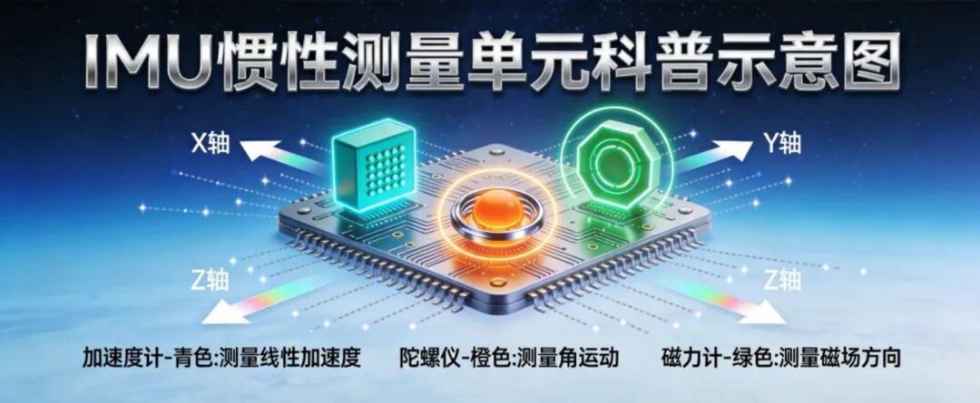 IMU concept diagram: accelerometer, gyroscope and magnetometer on three axes