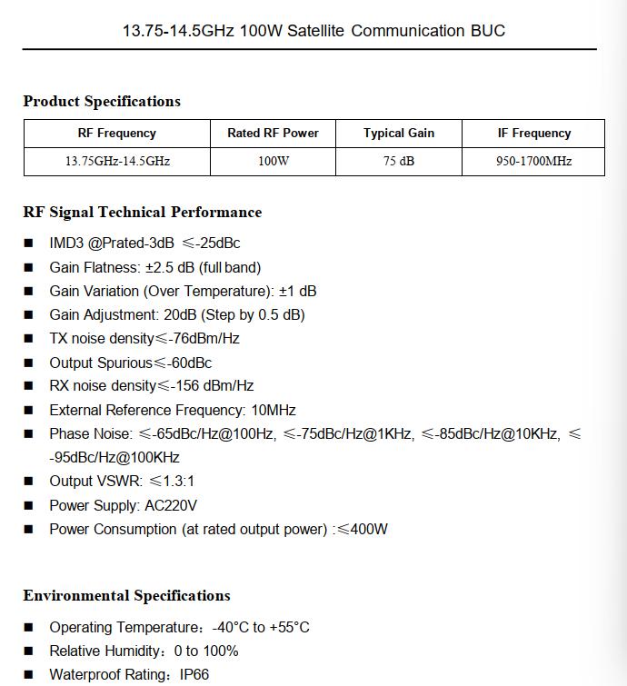 13.75-14.5 GHz 100 W satellite communication BUC specification sheet