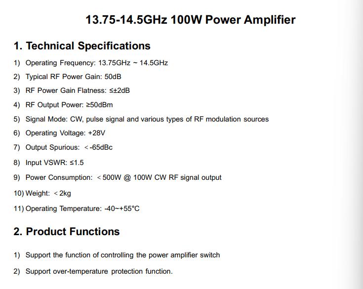13.75-14.5 GHz 100 W power amplifier specification sheet