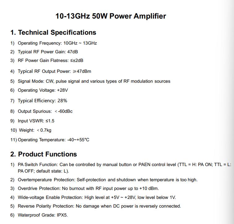 10-13 GHz 50 W power amplifier specification sheet
