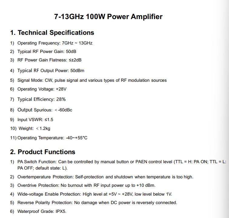 7-13 GHz 100 W power amplifier specification sheet